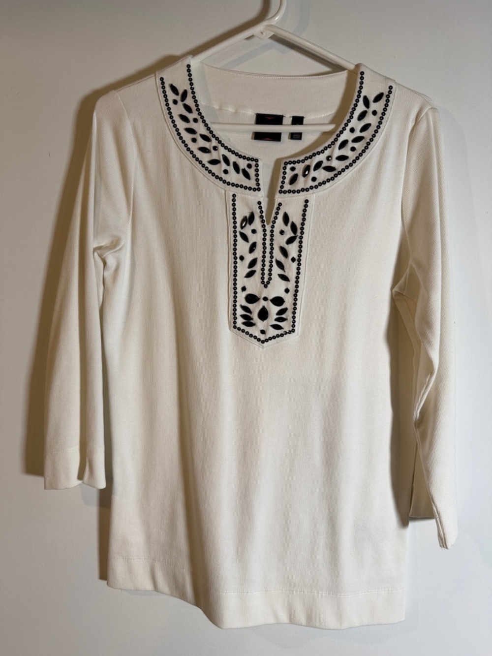 Rafaella Cream Long-Sleeve Scoop Neck Top with Black Embroidery